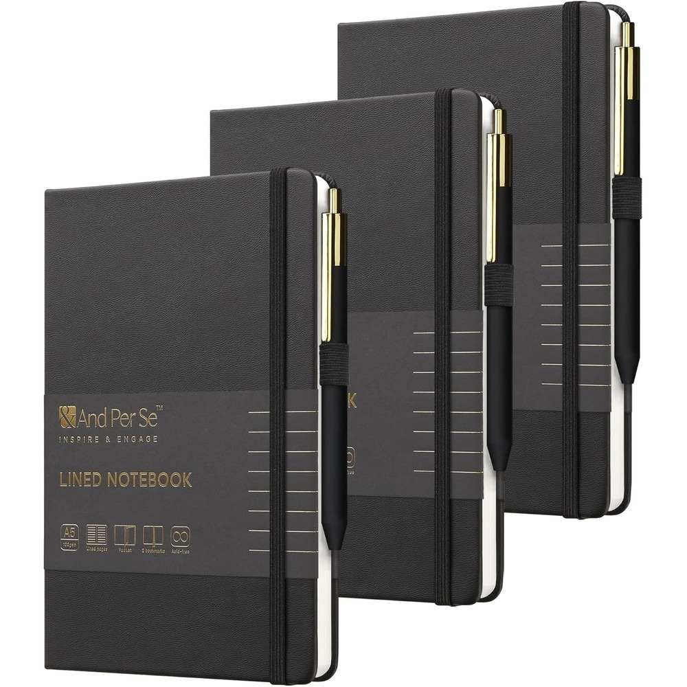 &And Per Se Lined Journal and Pen Set 3 Pack A5 Leather Hardcover Notebook Black